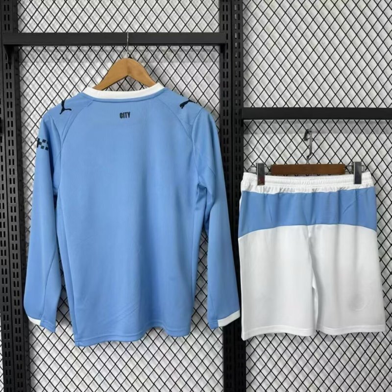 Manchester City Home Kids Long Sleeve Kit Jersey+Shorts 2025/26 - sinoshirt