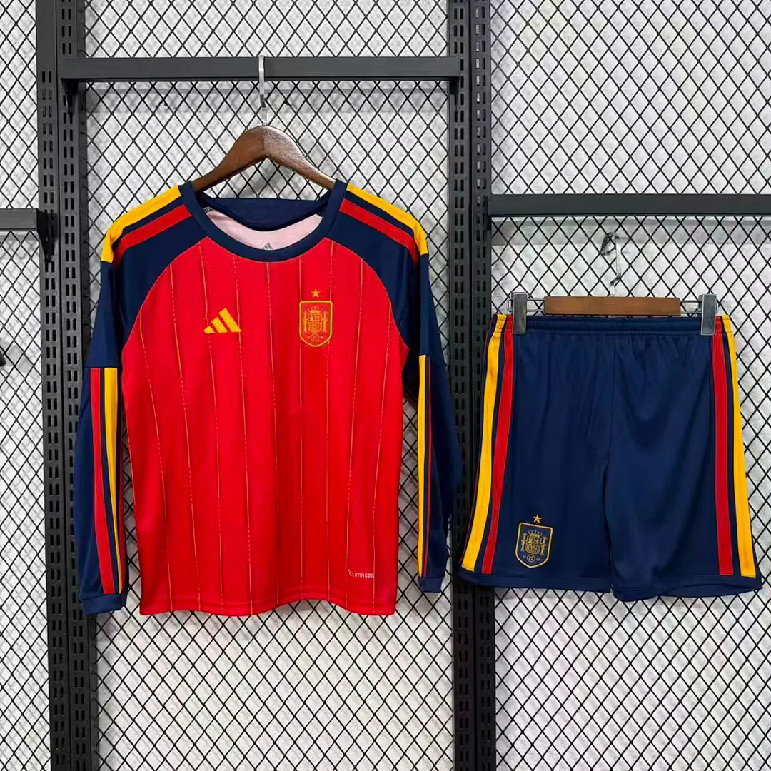 Spain Soccer Jersey Home Kids Kit Long Sleeve Jersey+Shorts World Cup 2026 - sinoshirt