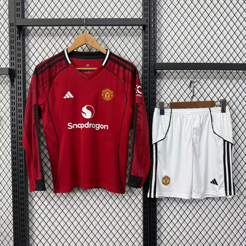 Manchester United Home Kids Long Sleeve Kit Jersey+Shorts 2025/26 - sinoshirt