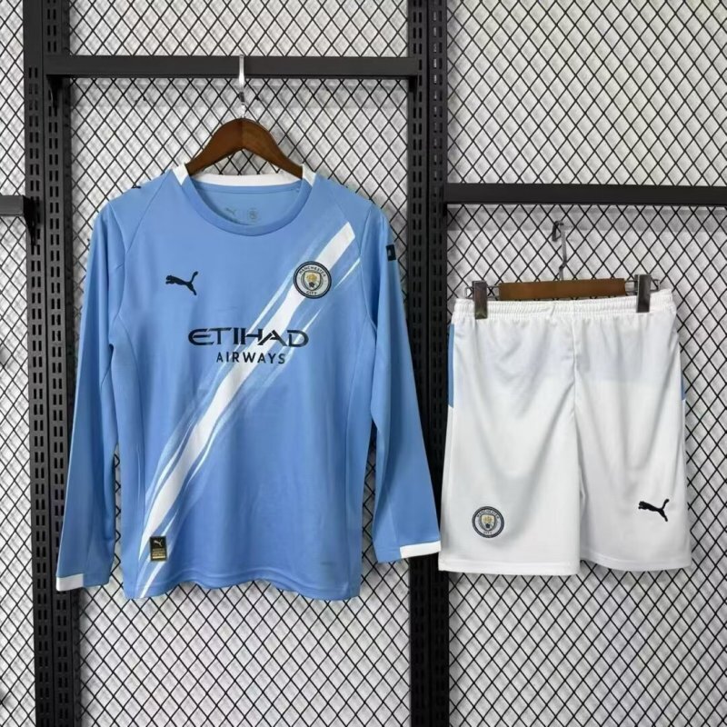 Manchester City Home Kids Long Sleeve Kit Jersey+Shorts 2025/26 - sinoshirt