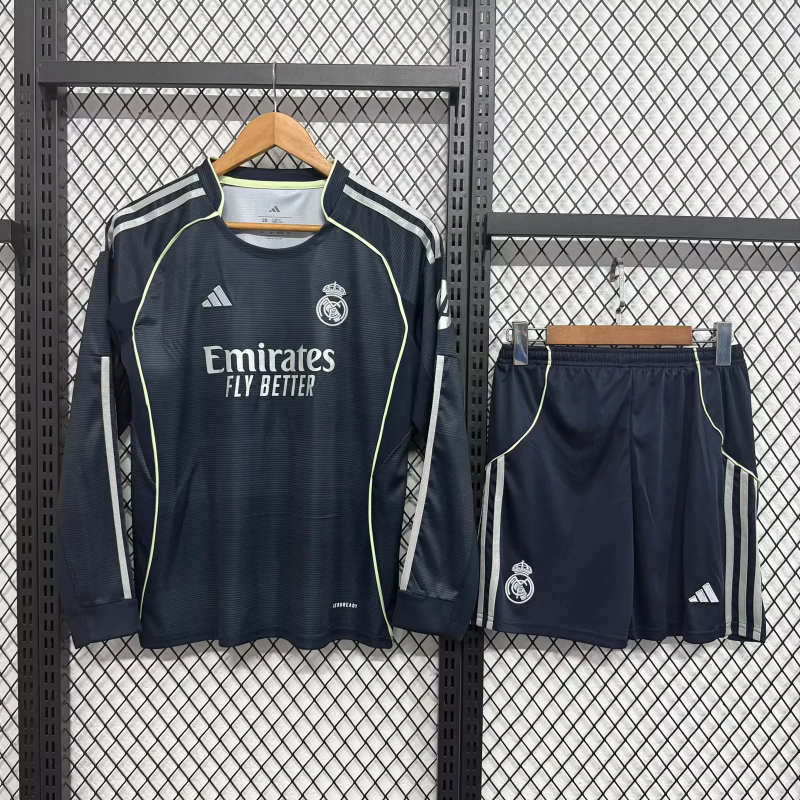 Real Madrid Soccer Jersey Away Kids Long Sleeve Kit Jersey+Shorts 2025/26 - sinoshirt