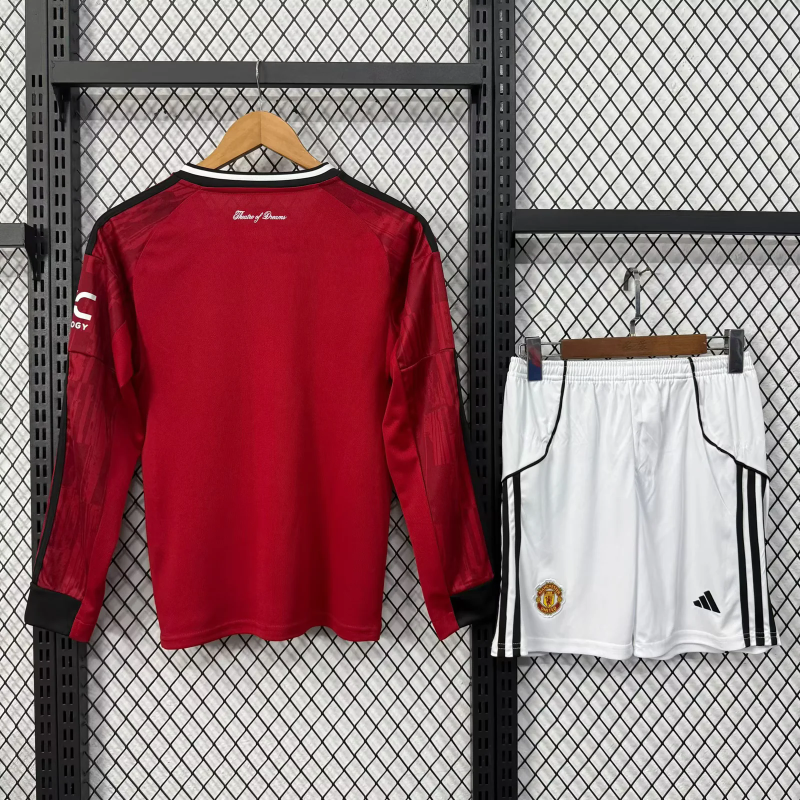 Manchester United Home Kids Long Sleeve Kit Jersey+Shorts 2025/26 - sinoshirt