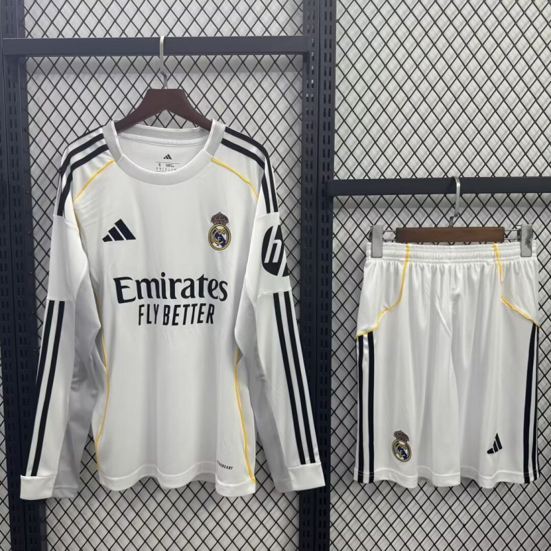 Real Madrid Soccer Jersey Home Kids Kit Long Sleeve Jersey+Shorts 2025/26 - sinoshirt