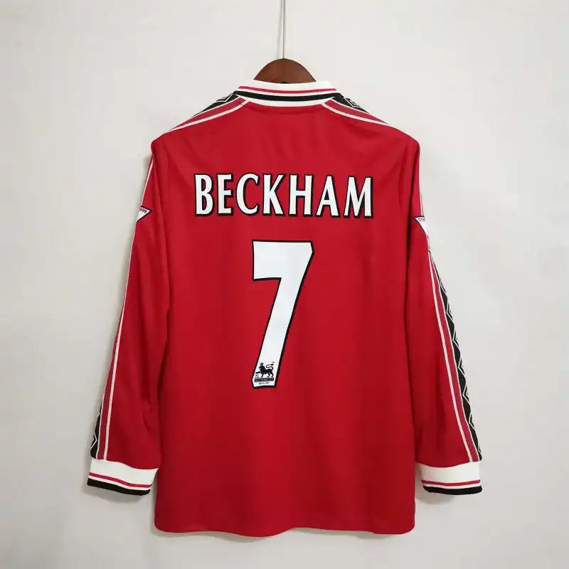 Beckham #7 Manchester United Retro Home Long Sleeve Football Jersey Shirt 1998/99 - sinoshirt