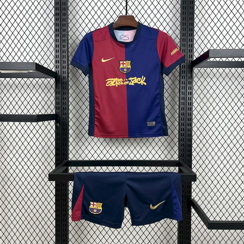 Barcelona Home x Travis Scott Soccer Kids Kit Jersey+Shorts 2024/25 - sinoshirt